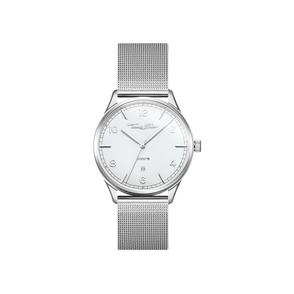 UNISEX "CODE TS" RECTRO SILVER WATCH, STAINLESS STEEL MESH BRACELET & CASE, WHITE DIAL, FLAT CASE & SLENDER BRACELET