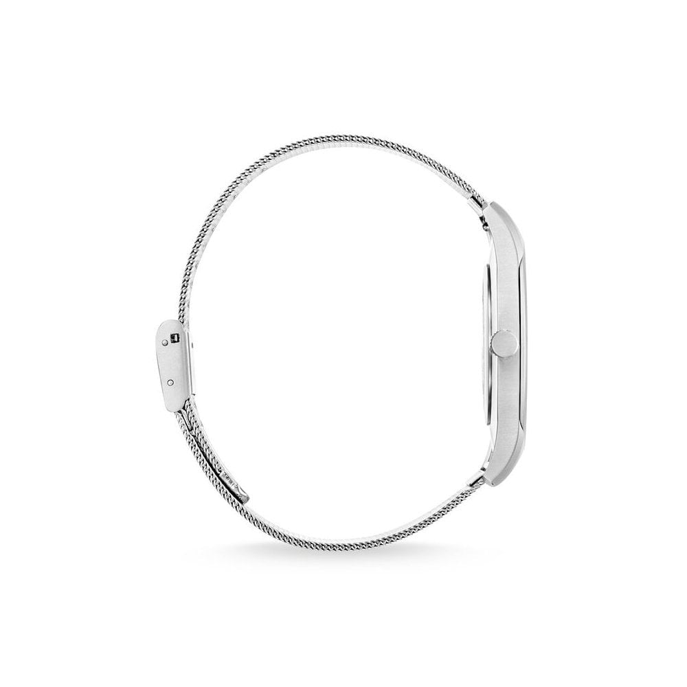 UNISEX "CODE TS" RECTRO SILVER WATCH, STAINLESS STEEL MESH BRACELET & CASE, WHITE DIAL, FLAT CASE & SLENDER BRACELET