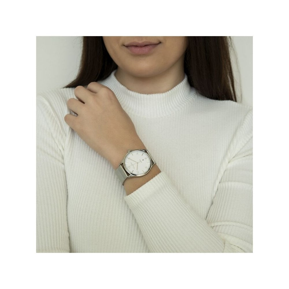 UNISEX "CODE TS" RECTRO SILVER WATCH, STAINLESS STEEL MESH BRACELET & CASE, WHITE DIAL, FLAT CASE & SLENDER BRACELET