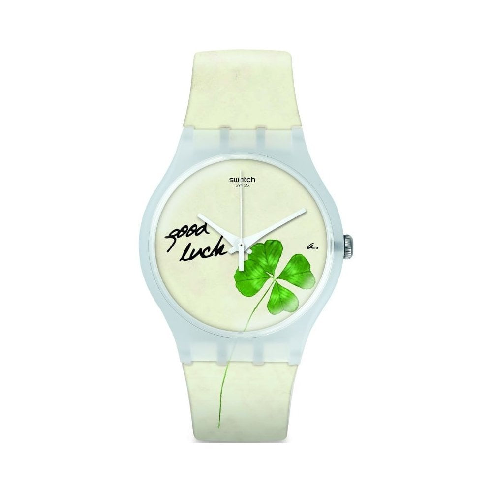 UNISEX SWATCH EXCEPTIONNEL WATCH WITH GREEN 4 LEAF CLOVER ON DIAL & WHITE SILICONE STRAP