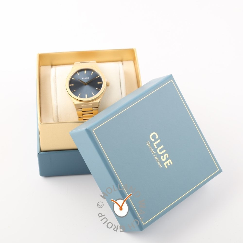 VIGOUREUX X ANKA GOLD STAINLESS STEEL SLEEK BRACELET WATCH WITH BLUE DIAL