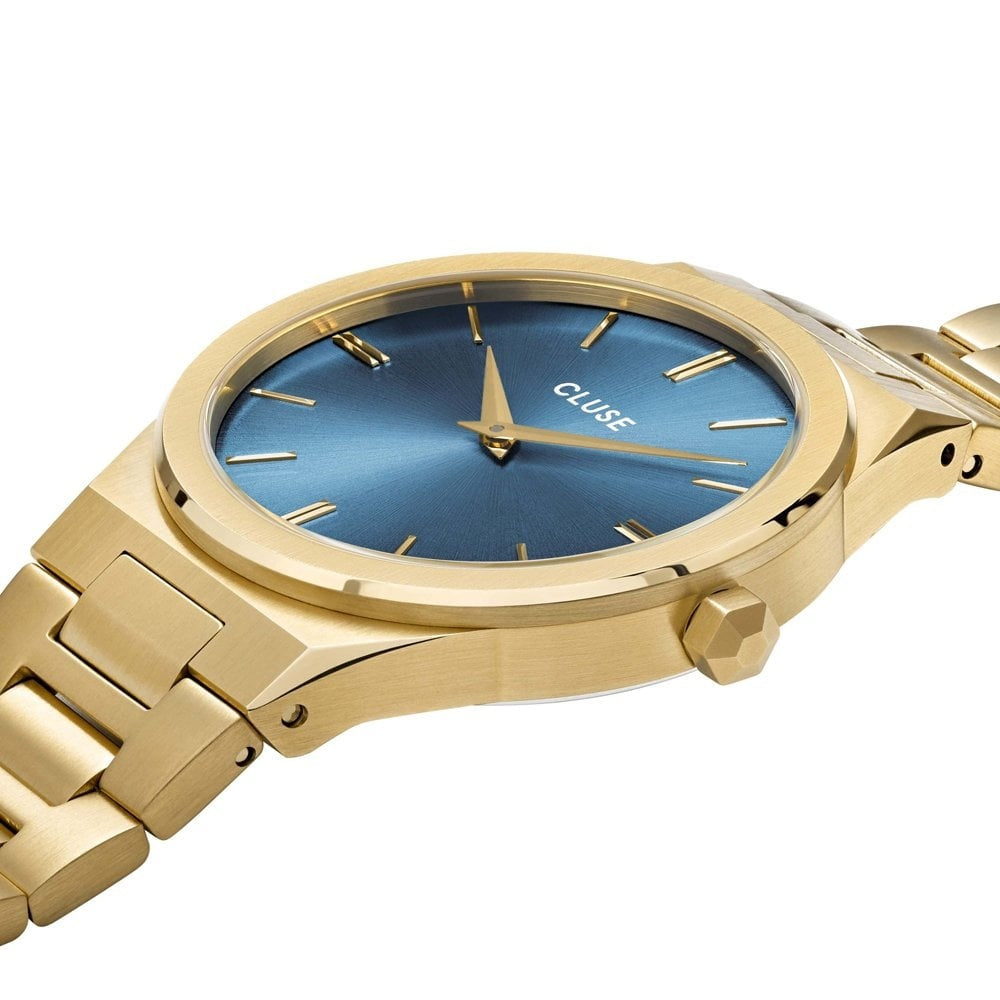 VIGOUREUX X ANKA GOLD STAINLESS STEEL SLEEK BRACELET WATCH WITH BLUE DIAL