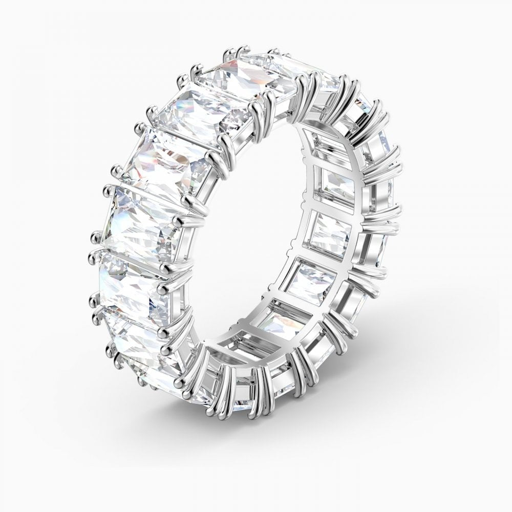 VITTORE WIDE RING, WHITE SWAROVSKI CRYSTALS, RHODIUM PLATED