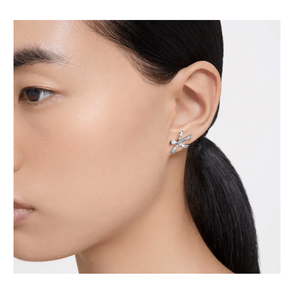 Volta Rhodium Plated Small Bow White Crystal Earrings