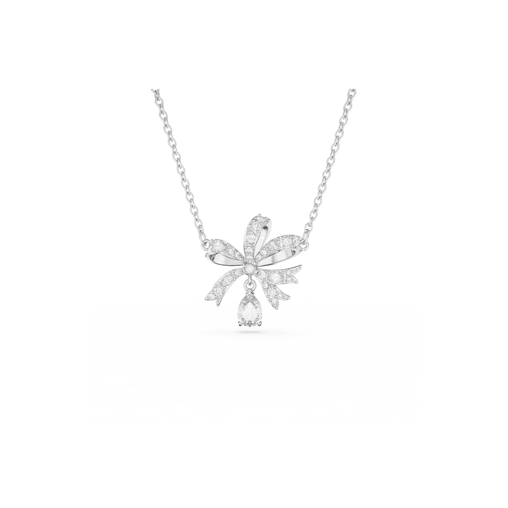 Volta necklace, Bow, Small, White, Rhodium plated