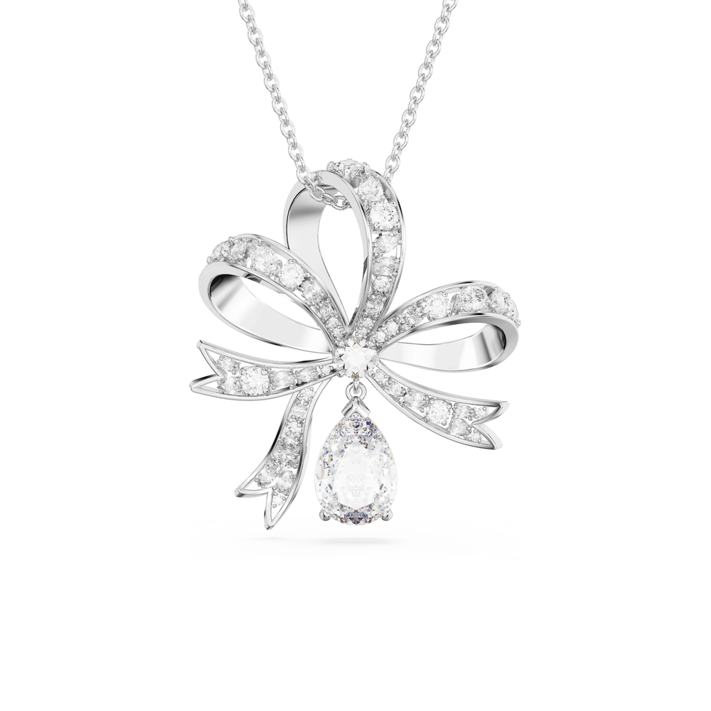 Volta pendant Bow, Large, White, Rhodium plated
