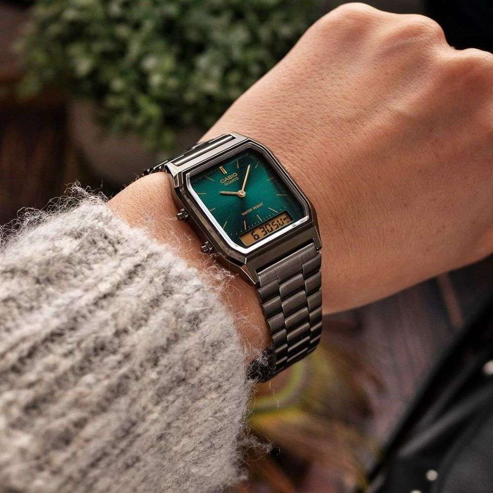 Casio Unisex Retro Vintage Dark Green Sunray Dial Gun Metal Watch