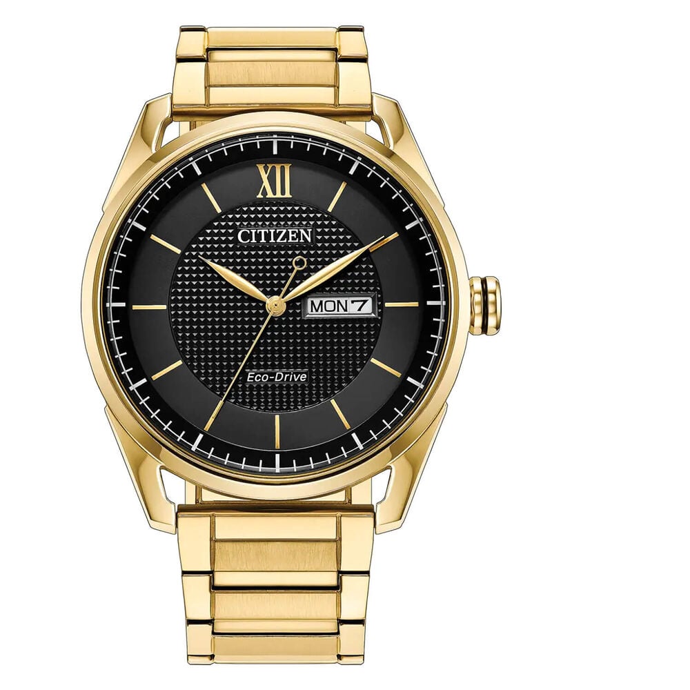 Citizen Eco-Drive Black Dial Gents Gold Stainless Steel Watch