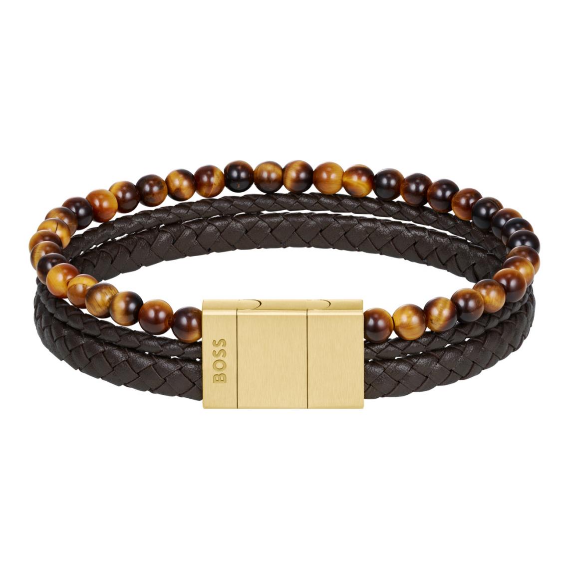 BOSS TIGER EYE LAYERED BROWN LEATHER BRACELET