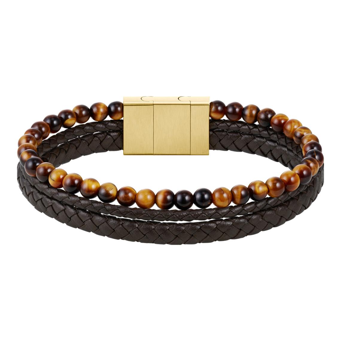 BOSS TIGER EYE LAYERED BROWN LEATHER BRACELET