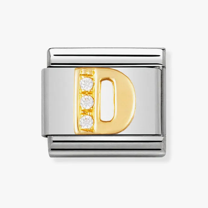 COMPOSABLE Classic LETTER D in stainless steel with 18k gold and Cubic Zirconia