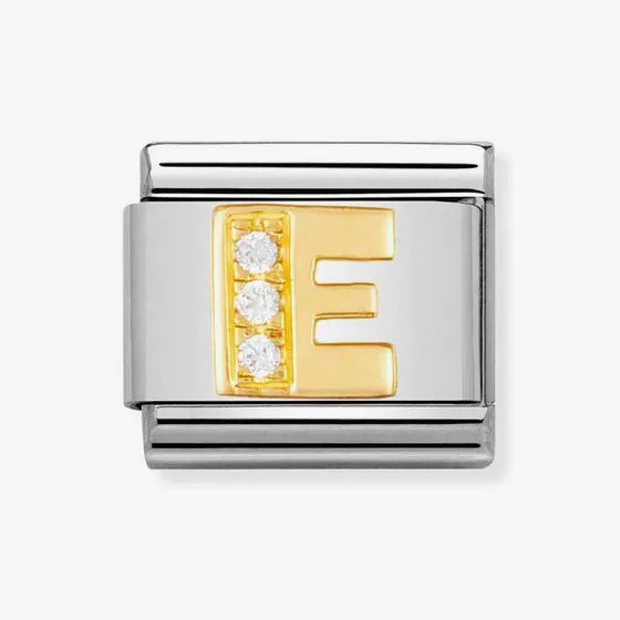 COMPOSABLE Classic LETTER E in stainless steel with 18k gold and Cubic Zirconia