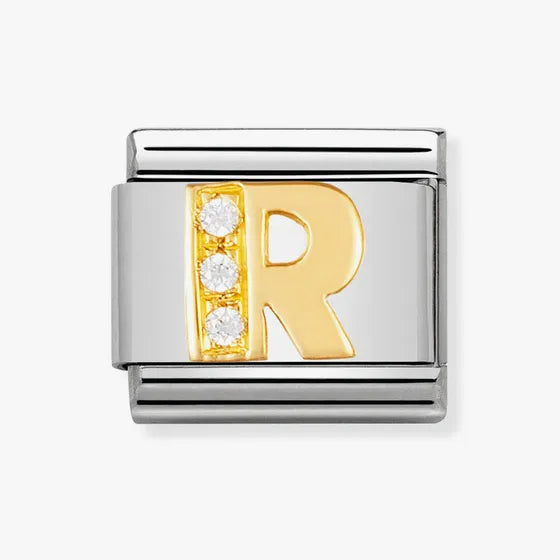 COMPOSABLE Classic LETTER R in stainless steel with 18k gold and Cubic Zirconia