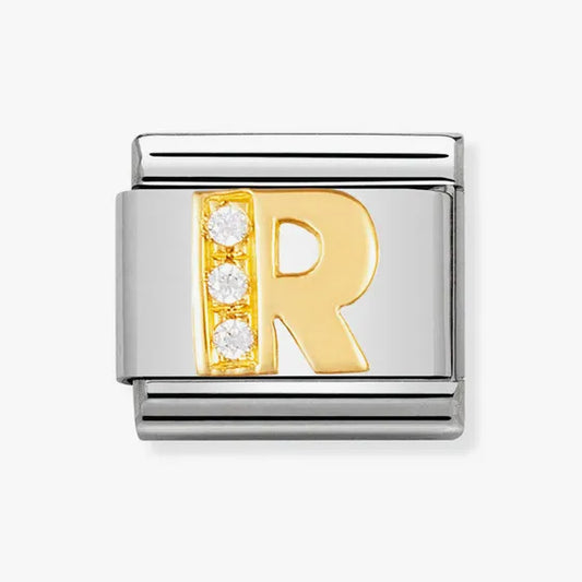 COMPOSABLE Classic LETTER R in stainless steel with 18k gold and Cubic Zirconia