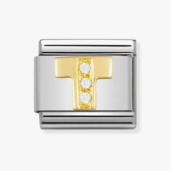 COMPOSABLE Classic LETTER T in stainless steel with 18k gold and Cubic Zirconia