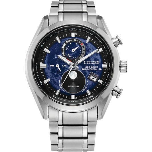 CITIZEN TSUKIYOMI MOON PHASE ECO DRIVE RADIO CONTROLLED GENTS BLUE DIAL WATCH