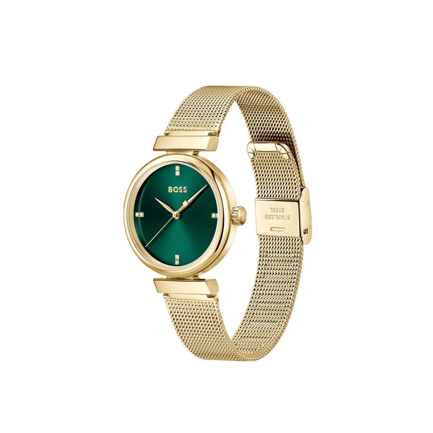 BOSS ROSEHILL GREEN DIAL LADIES GOLD MESH WATCH