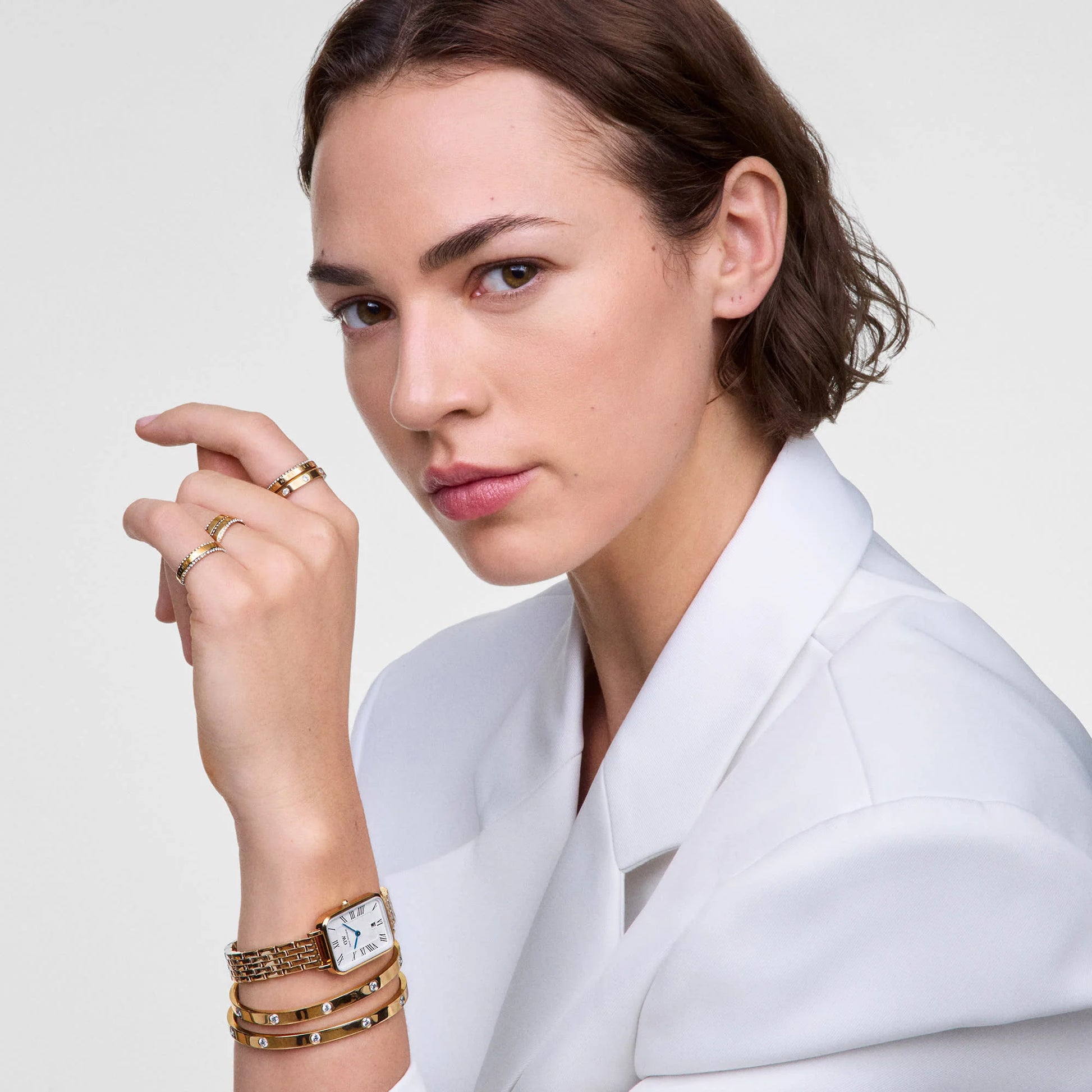 DANIEL WELLINGTON QUADRO ROMAN NUMERALS WHITE DIAL WITH DATE LADIES GOLD STAINLESS STEEL WATCH