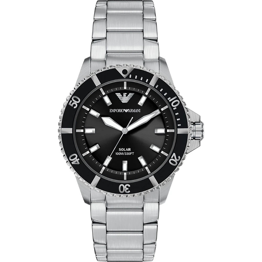 ARMANI SOLAR 'WORLD EXPLORER' BLACK DIAL GENTS STAINLES STEEL WATCH
