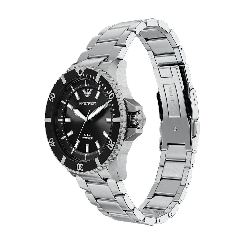 ARMANI SOLAR 'WORLD EXPLORER' BLACK DIAL GENTS STAINLES STEEL WATCH