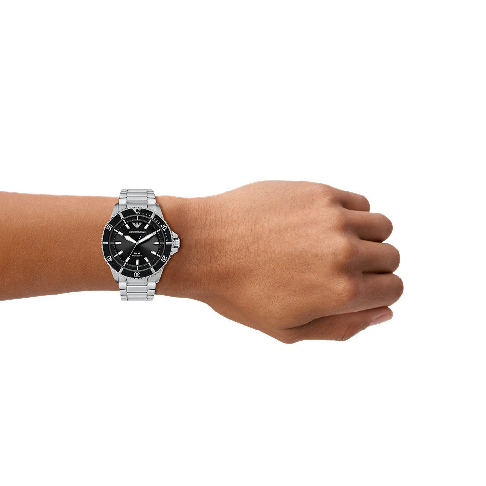 ARMANI SOLAR 'WORLD EXPLORER' BLACK DIAL GENTS STAINLES STEEL WATCH