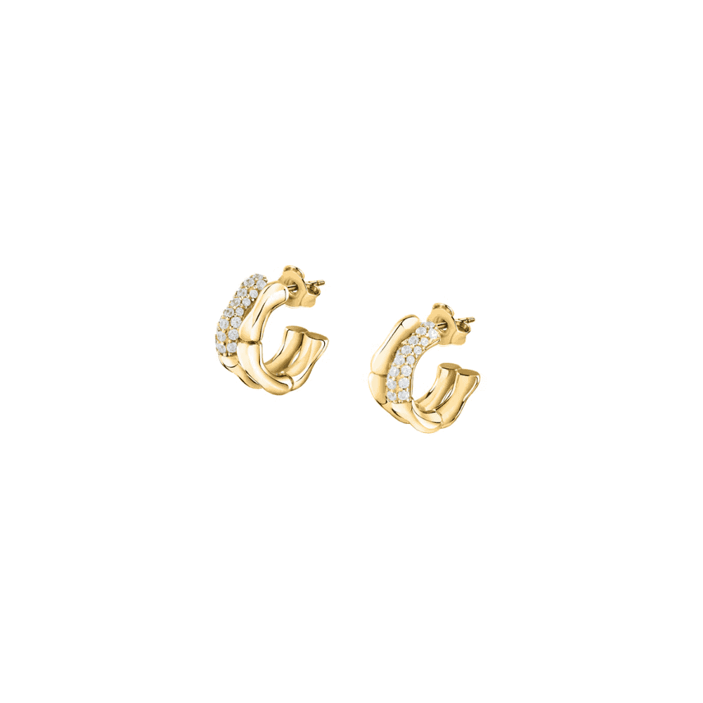 essenza huggie earrings 925 silver bamboo feature with cz 18k gold plating