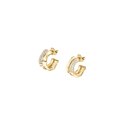 essenza huggie earrings 925 silver bamboo feature with cz 18k gold plating