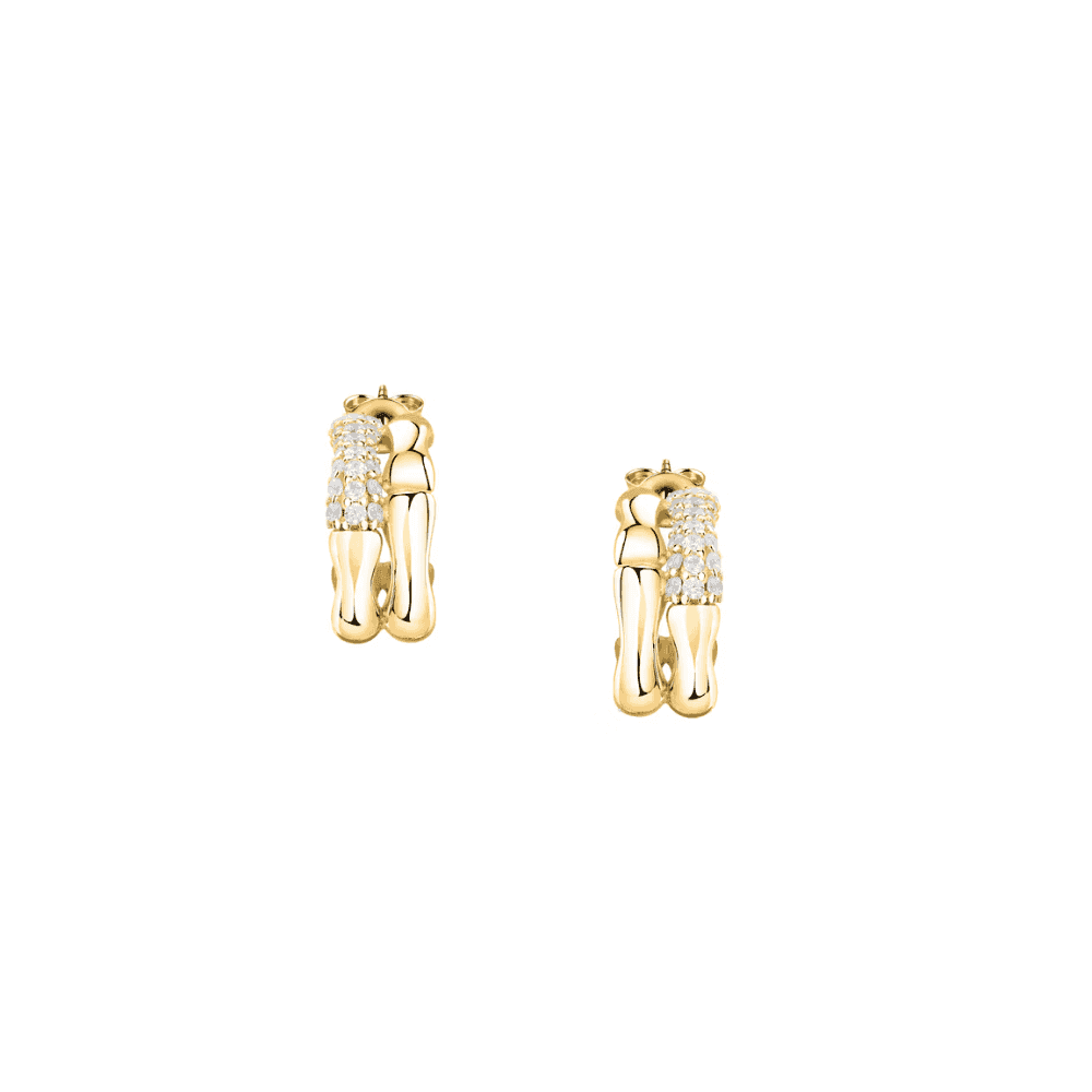 essenza huggie earrings 925 silver bamboo feature with cz 18k gold plating
