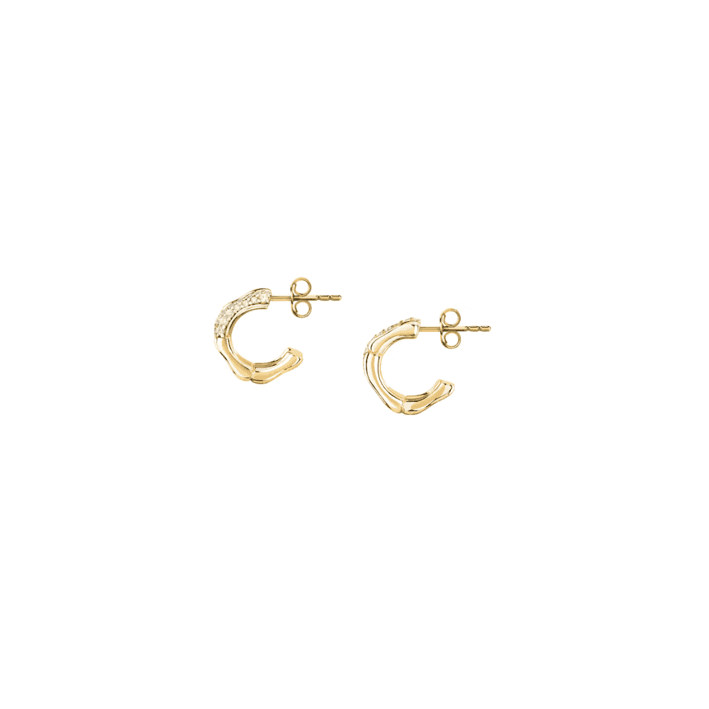 essenza huggie earrings 925 silver bamboo feature with cz 18k gold plating