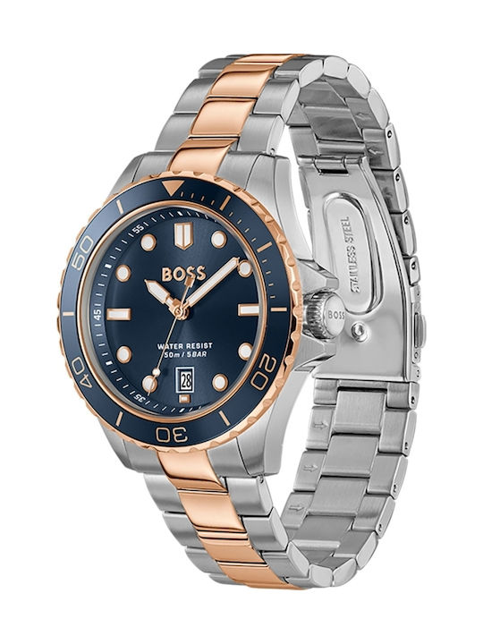 BOSS BLUE DIAL GENTS ROSEGOLD TWO-TONED WATCH