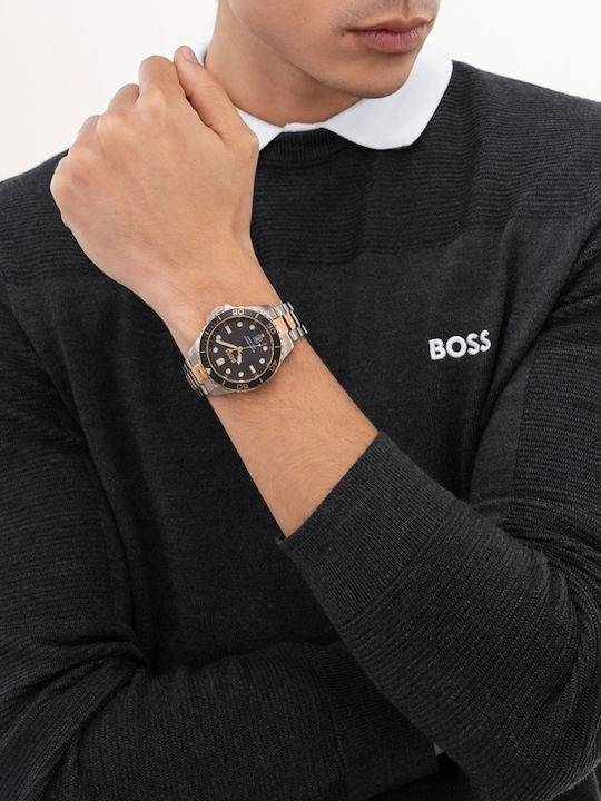 BOSS BLUE DIAL GENTS ROSEGOLD TWO-TONED WATCH