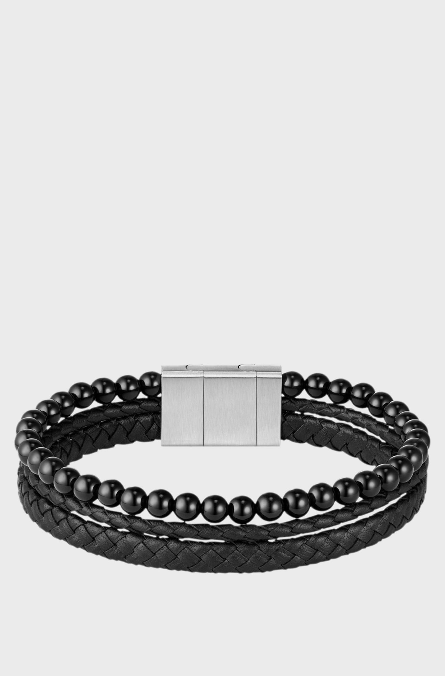 BOSS BLACK BEAD LAYERED BLACK LEATHER BRACELET