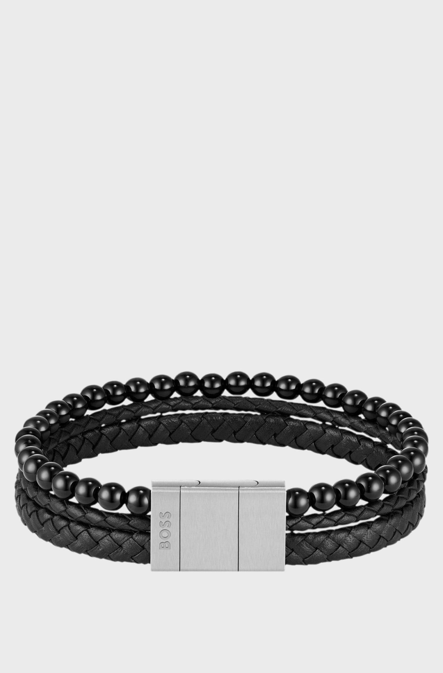 BOSS BLACK BEAD LAYERED BLACK LEATHER BRACELET