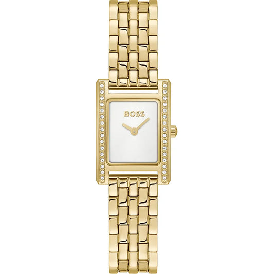 BOSS RECTANGULAR PAVE LADIES GOLD STAINLESS STEEL WATCH