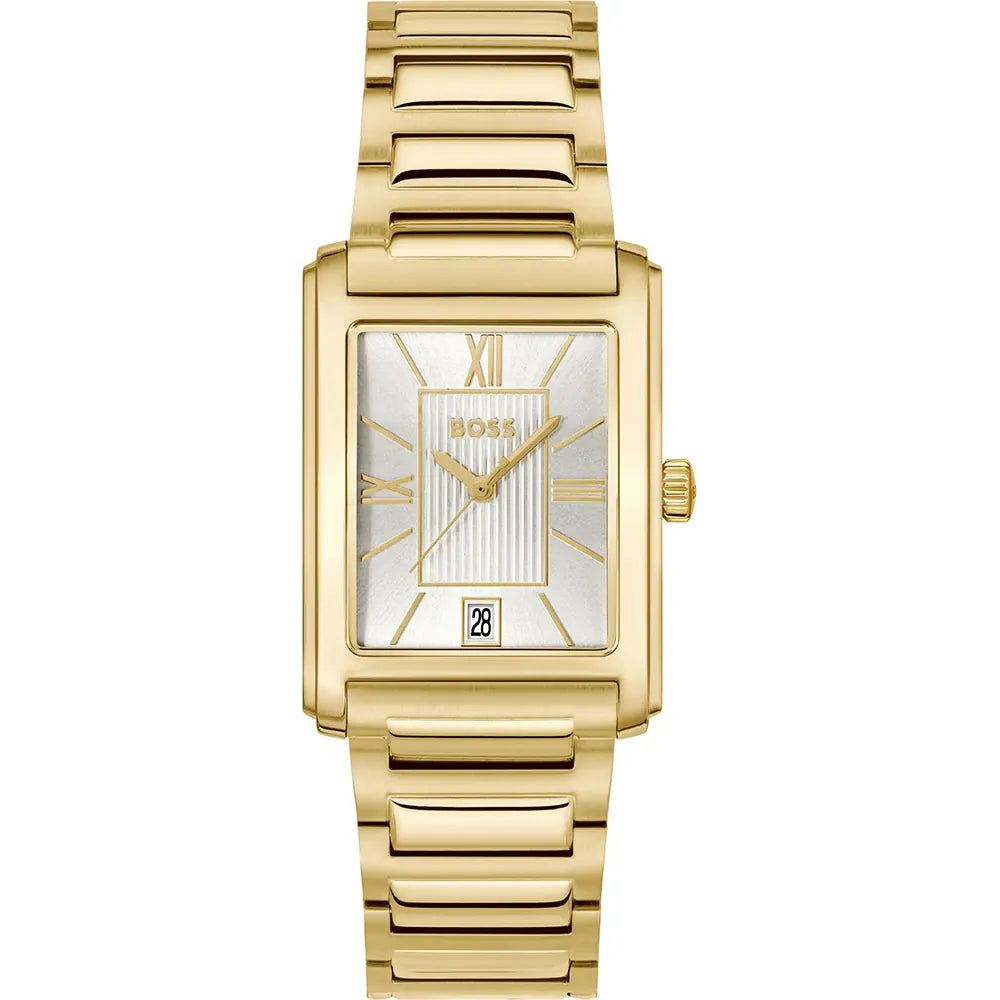 BOSS GOLD RECTANGULAR GENTS STAINLESS STEEL WATCH