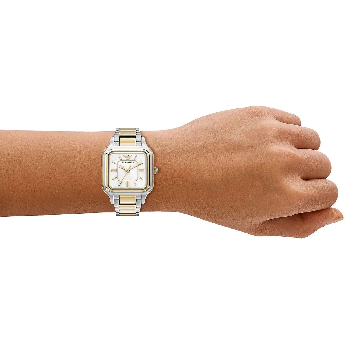 ARMANI MOP DIAL LADIES TWO-TONED STAINLESS STEEL WATCH