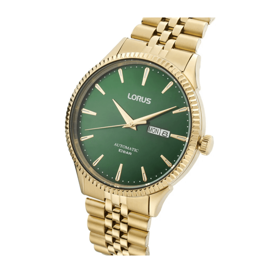 lorus automatic gents gold plated green dial bracelet watch