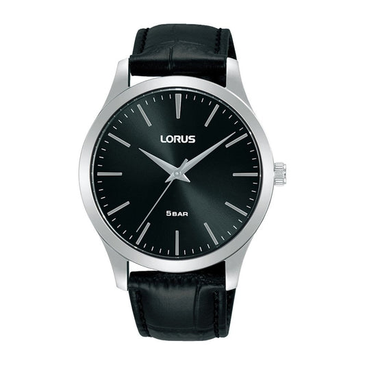 lorus quartz gents stainless steel black dial strap watch