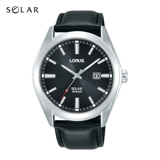 lorus solar gents stainless steel black dial strap watch