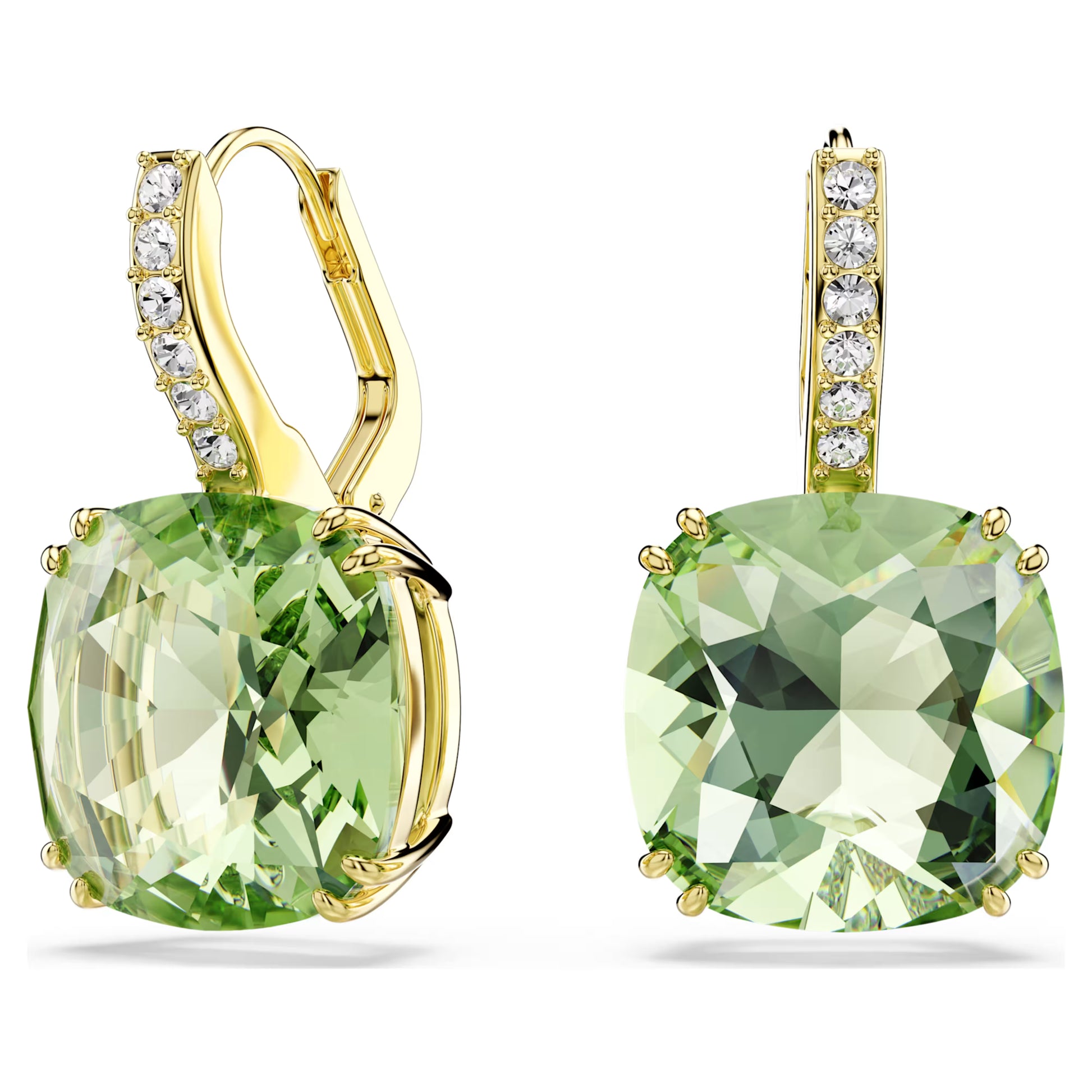 Gold Millenia Green Cushion Cut Swarovski Drop Earrings