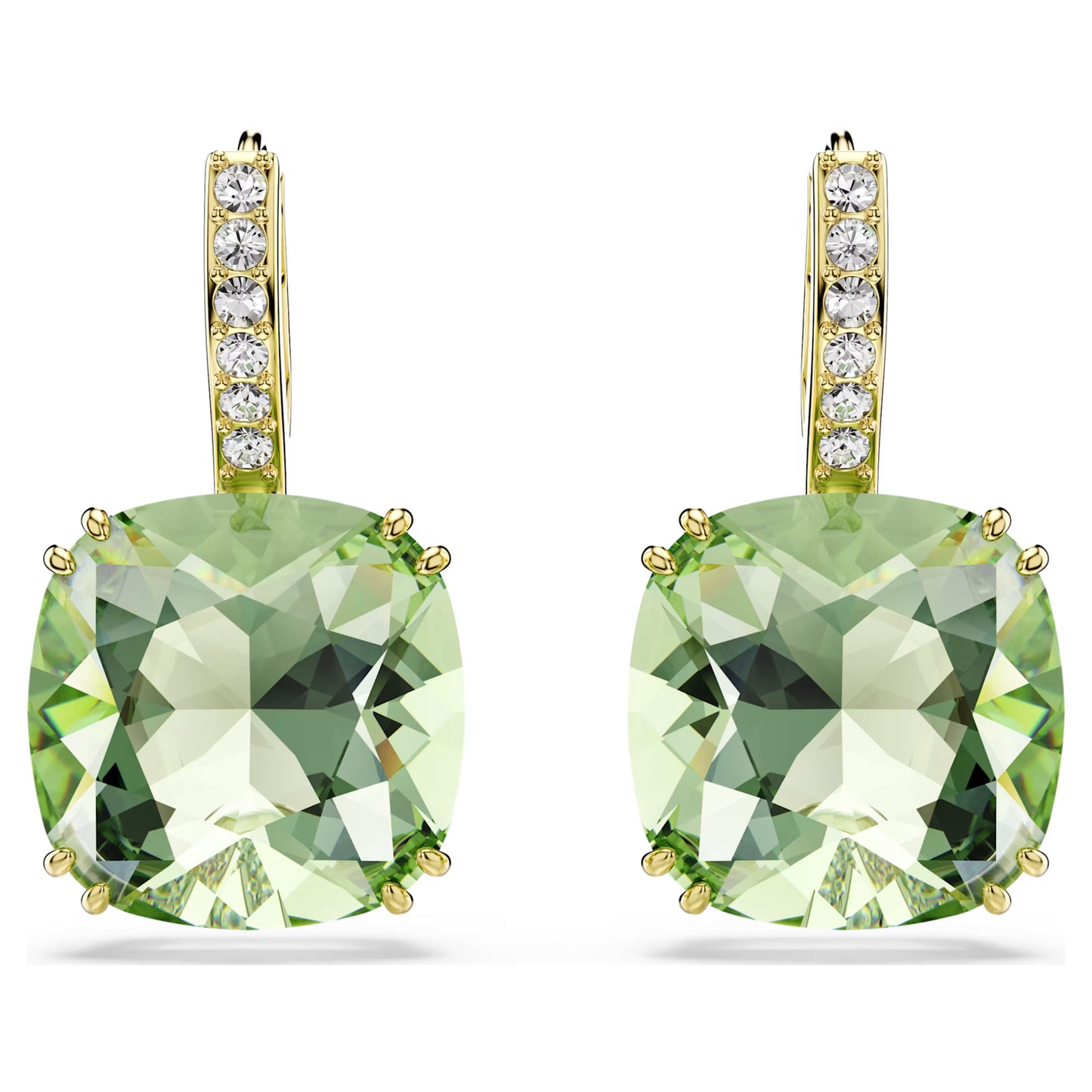 Gold Millenia Green Cushion Cut Swarovski Drop Earrings