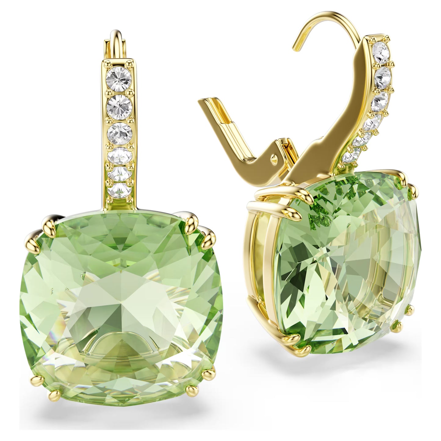 Gold Millenia Green Cushion Cut Swarovski Drop Earrings