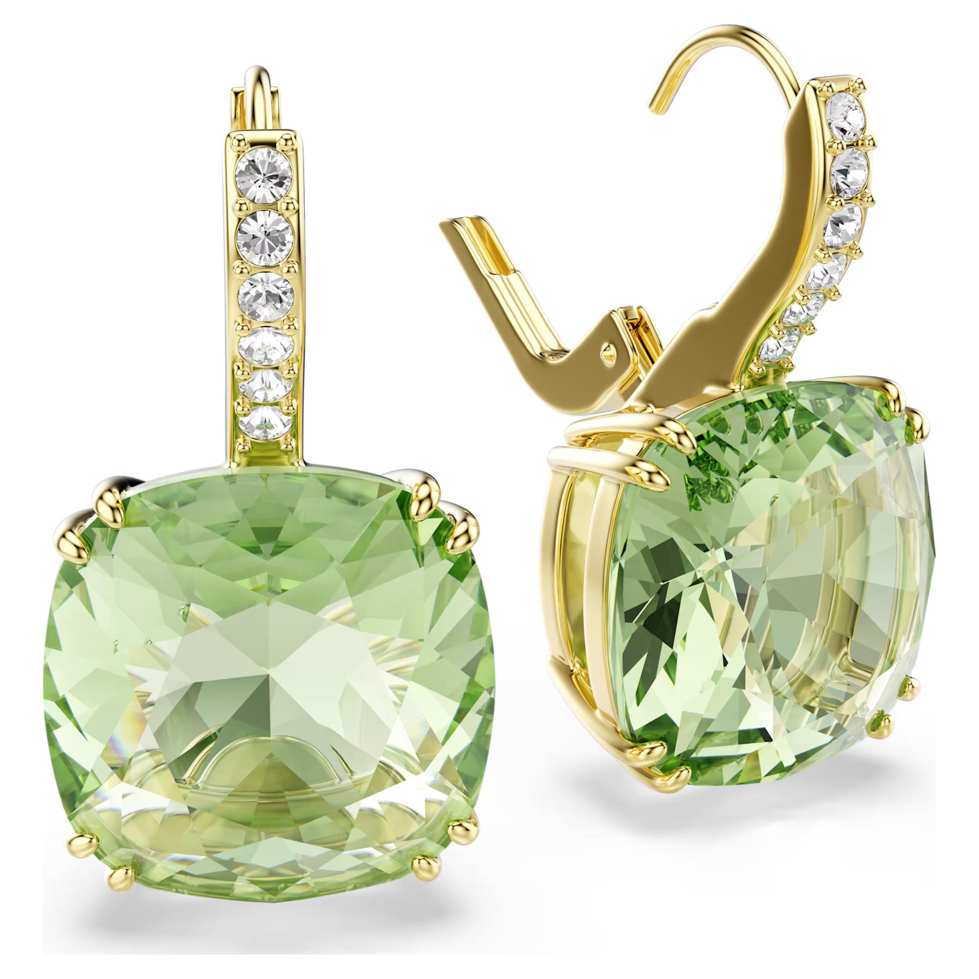 Gold Millenia Green Cushion Cut Swarovski Drop Earrings