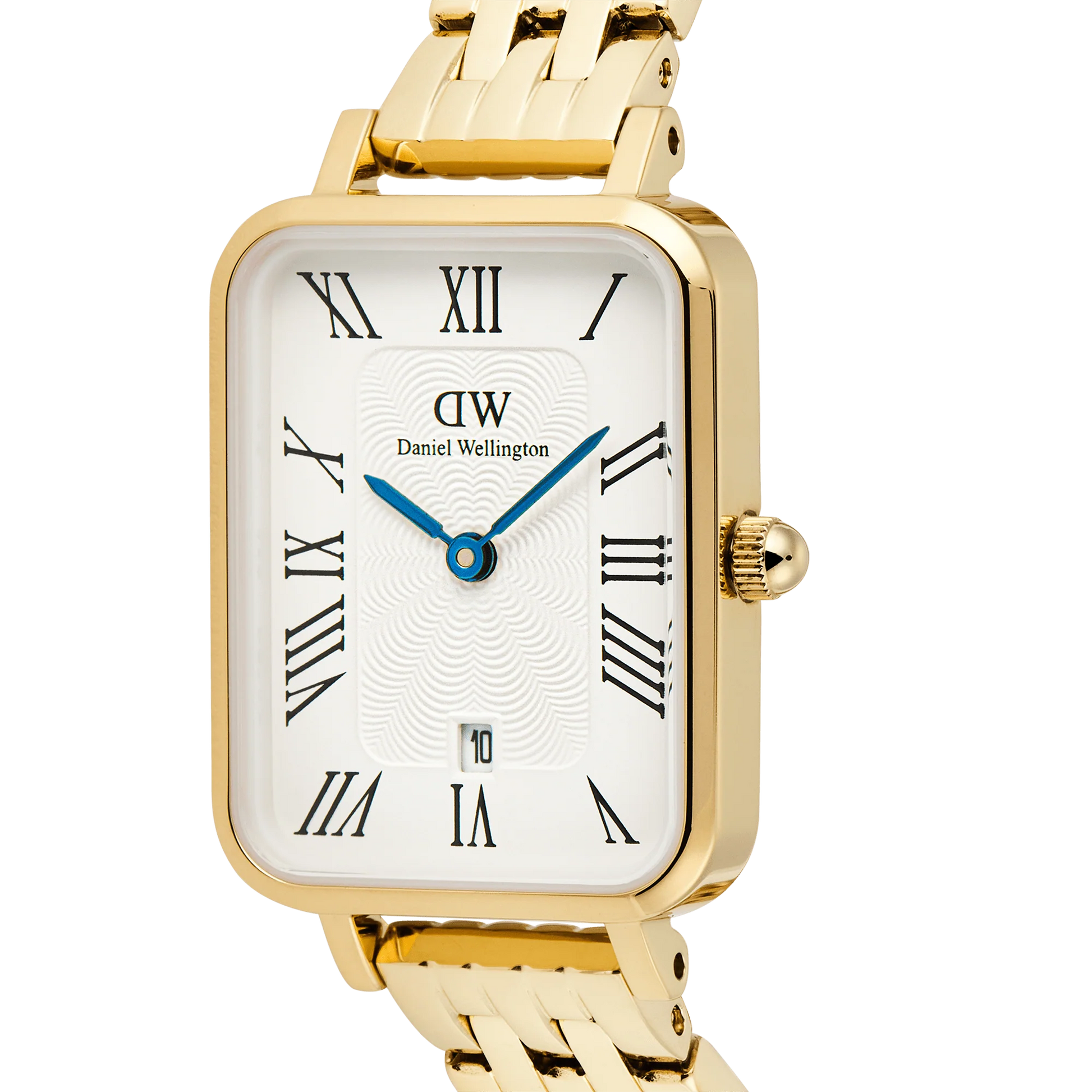 DANIEL WELLINGTON QUADRO ROMAN NUMERALS WHITE DIAL WITH DATE LADIES GOLD STAINLESS STEEL WATCH