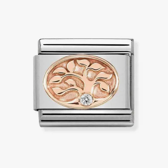 Rose On Stainless Steel Tree Of Life Charm with Cubic Zirconia