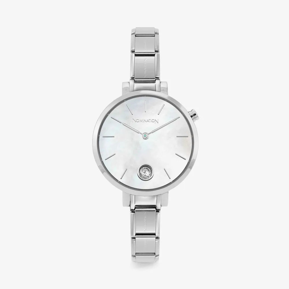 COMPOSABLE PARIS watch WHITE MOTHER OF PEARL with steel band ROUND with cubic zirconia