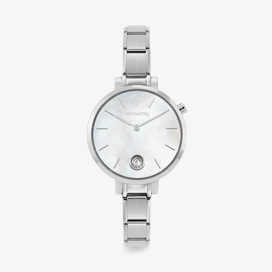 COMPOSABLE PARIS watch WHITE MOTHER OF PEARL with steel band ROUND with cubic zirconia