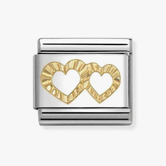GOLD DIAMOND CUT DOUBLE HEART NOMINATION CHARM
