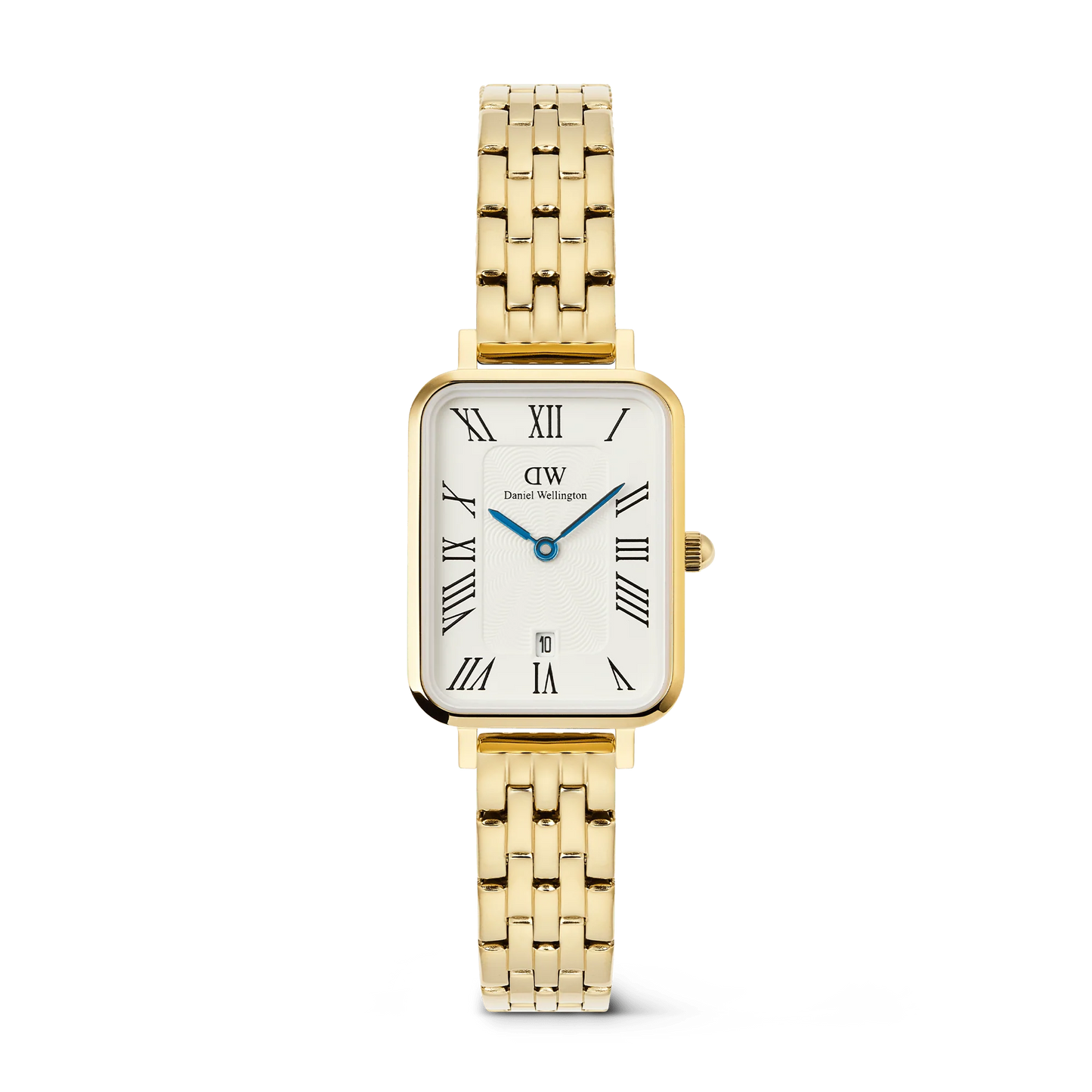 DANIEL WELLINGTON QUADRO ROMAN NUMERALS WHITE DIAL WITH DATE LADIES GOLD STAINLESS STEEL WATCH