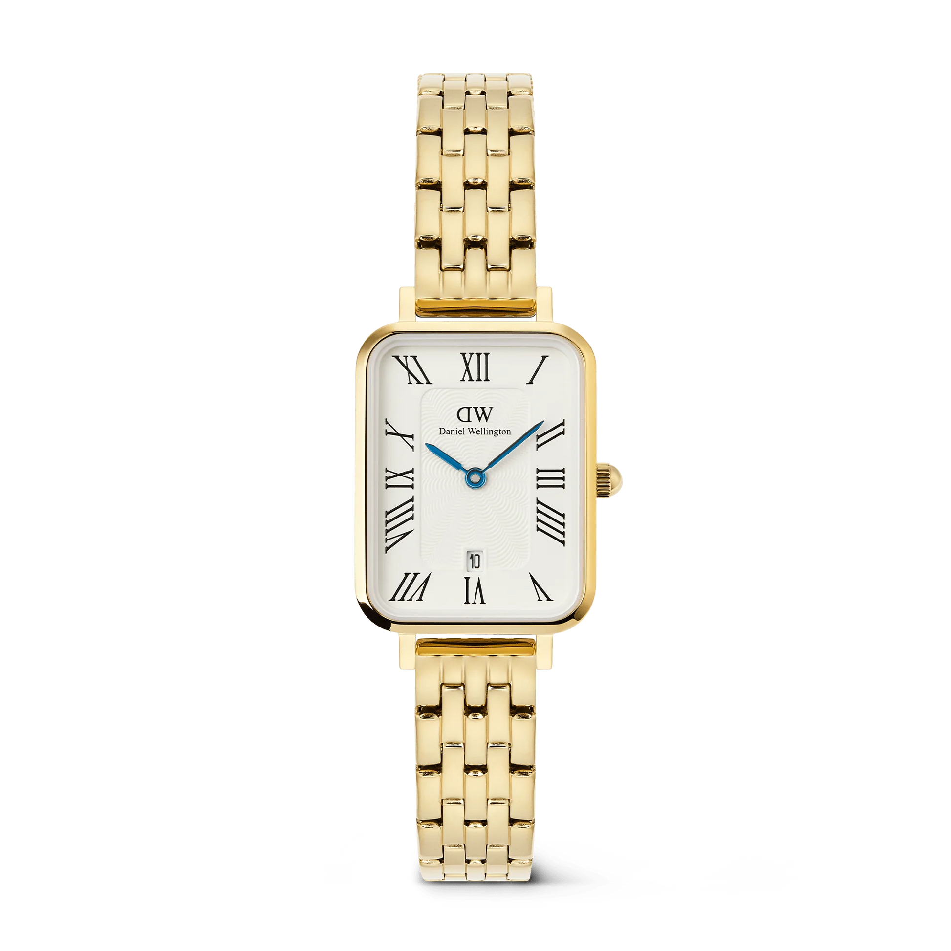 DANIEL WELLINGTON QUADRO ROMAN NUMERALS WHITE DIAL WITH DATE LADIES GOLD STAINLESS STEEL WATCH